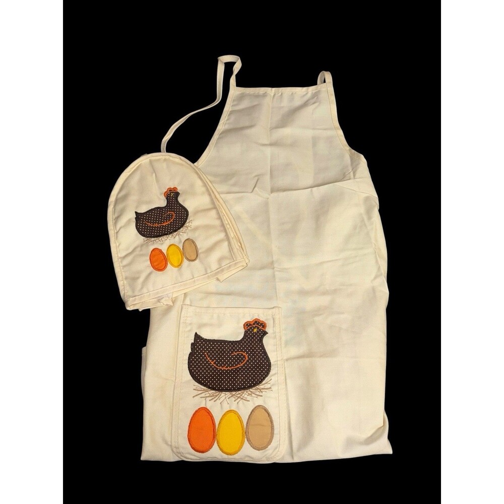 Vtg Farmhouse Chicken Apron & Appliance Cover Set Embroidered Hen Nest Eggs